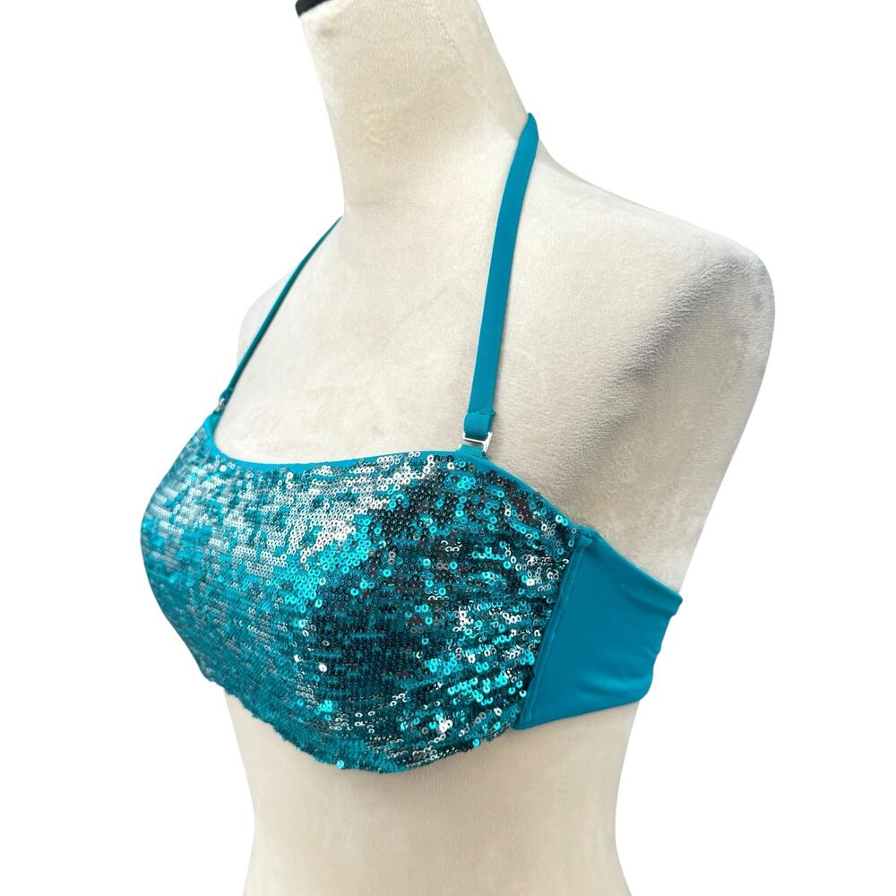 Calzedonia Sz 38 Cobey Teal Blue Sequin Bandeau Swimsuit Bikini Top - Picture 2 of 11